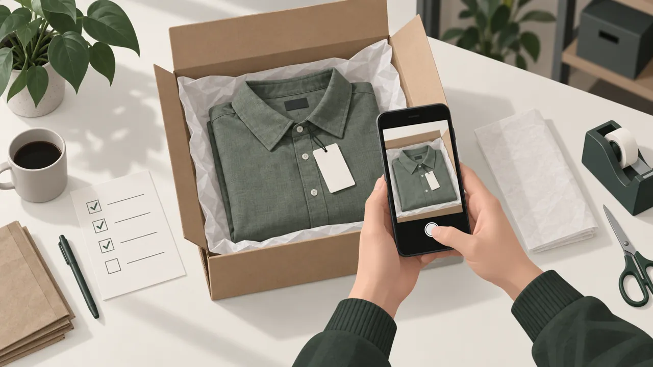 A packing table with a returned parcel opened, a checklist card, a phone taking a photo of the item and tags still attached.
