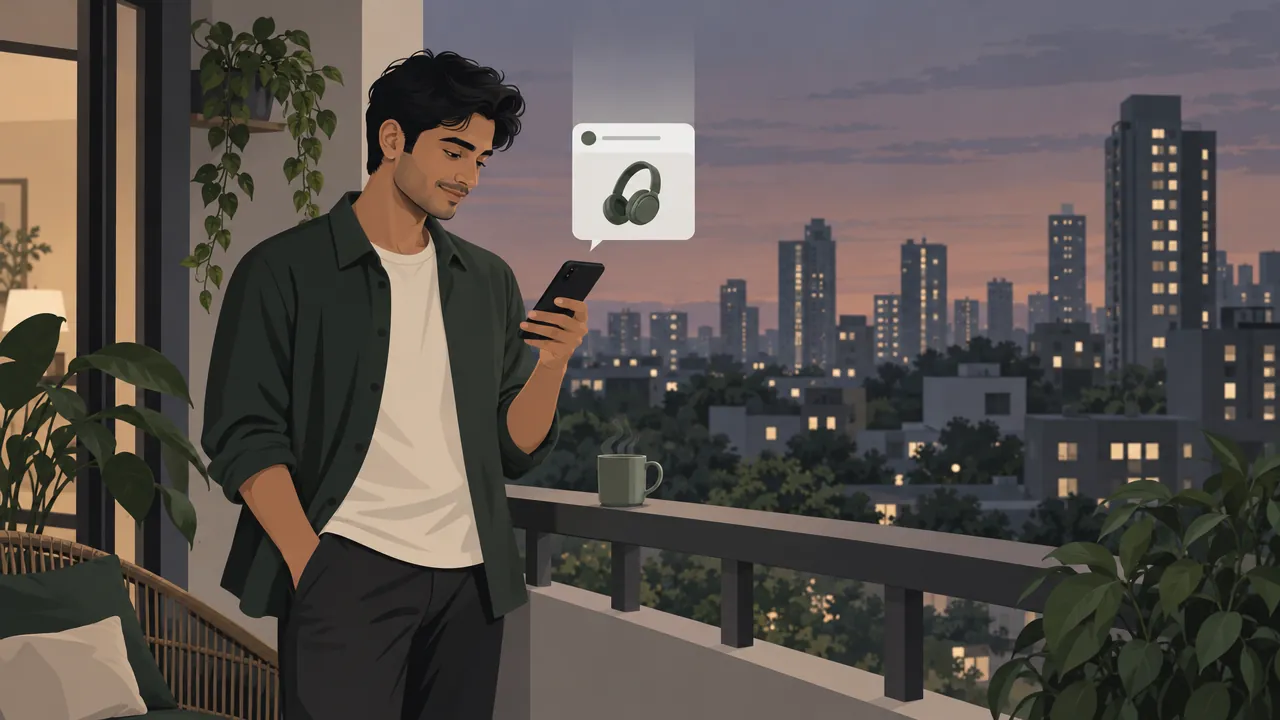 A young man on a balcony in the evening looking at his phone as a store notification with a small product image slides in at the top of the screen.