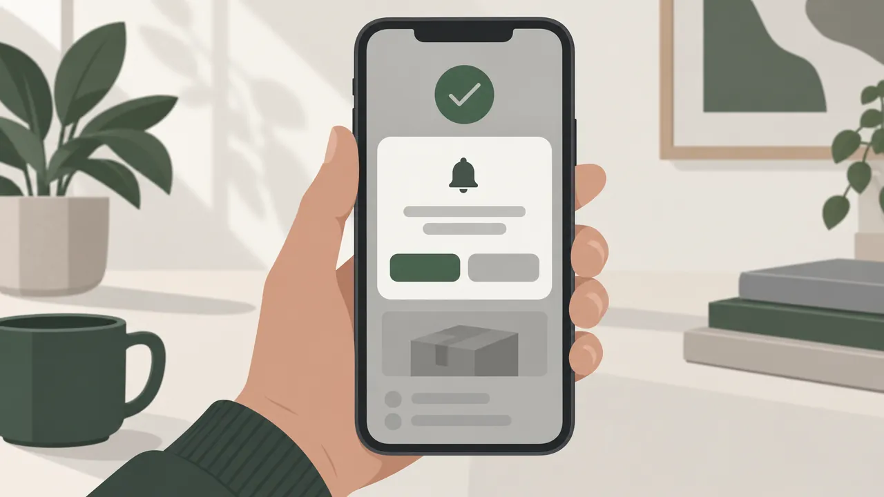 A phone showing a simple permission dialog with two buttons, over a shopping app's order confirmation screen.