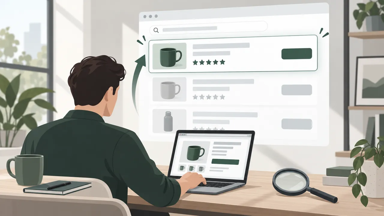 A large abstract search results page floating above a desk, with a product listing card rising to the top, and a seller adjusting a product page on a laptop.