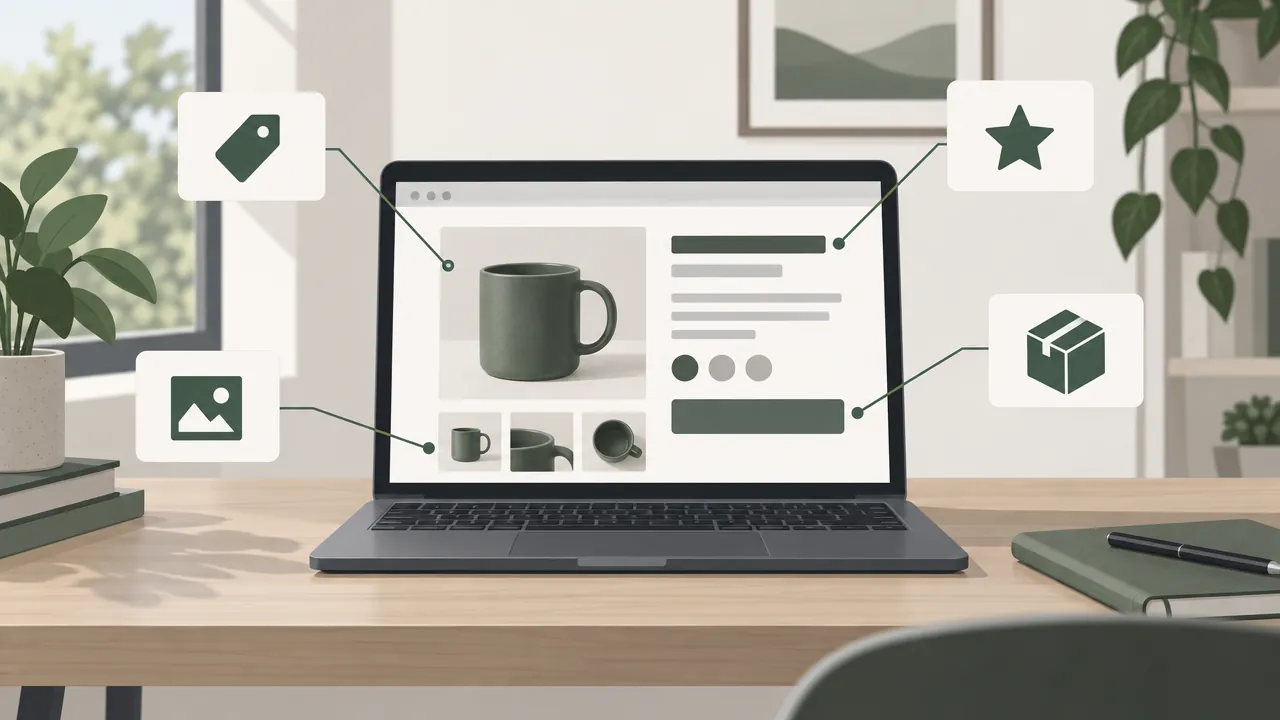 A product page on a laptop with labels pointing to the name, price, availability, rating and image, as a search engine would read them.