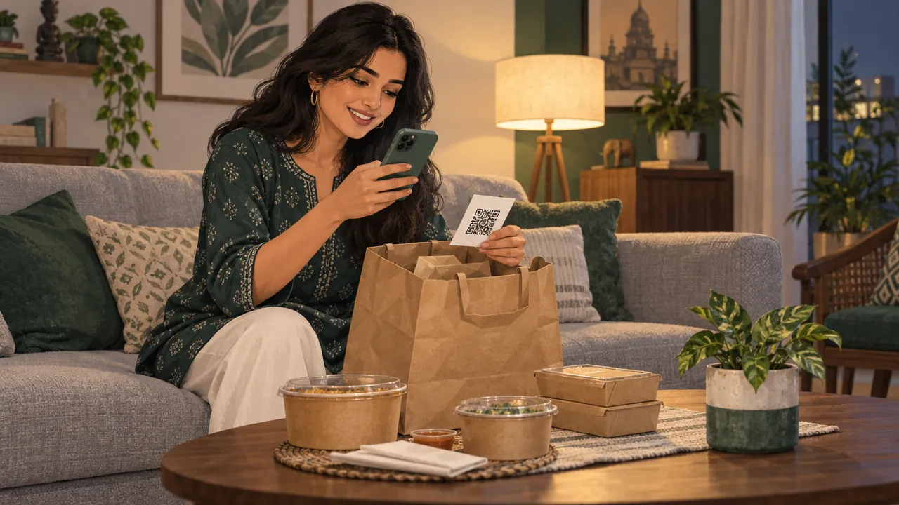 A customer opening a delivery bag at home and finding a card with a QR code inside.