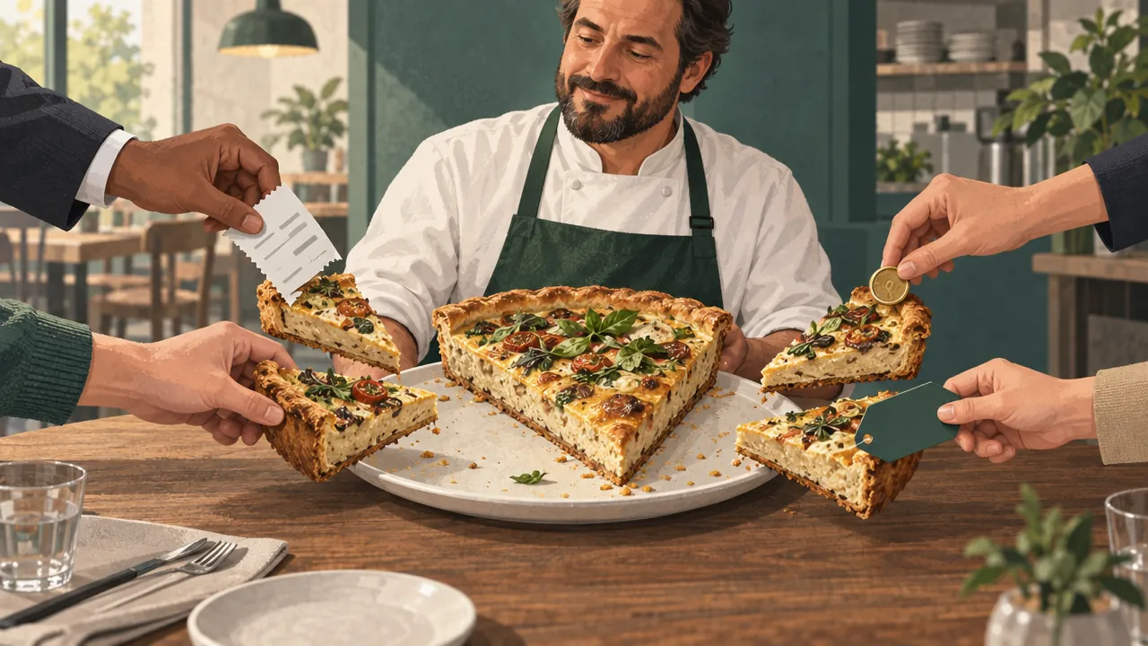 A plate of food with slices being taken by several hands, a picture of fees taken from each order.