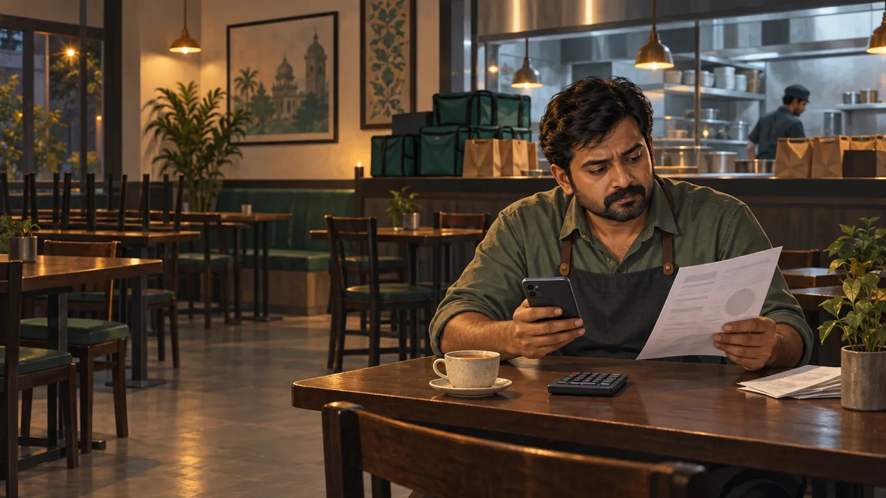 A restaurant owner sits in an empty restaurant after service, studying a settlement sheet and a phone, with a calculator on the table.