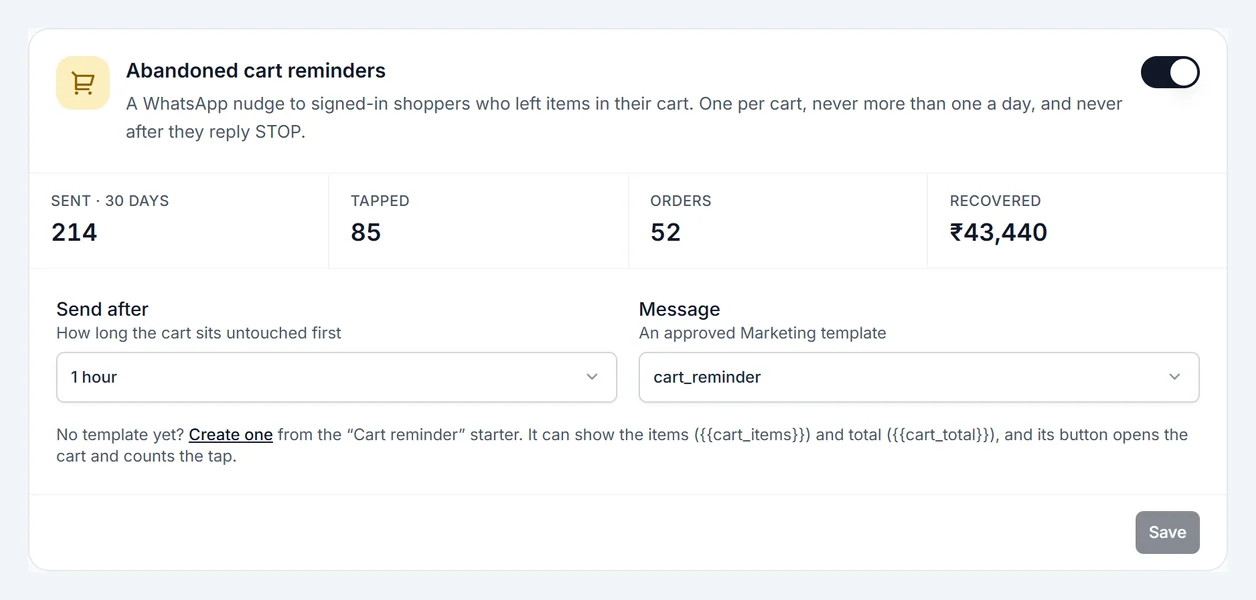 Cart reminder settings with the last 30 days of results