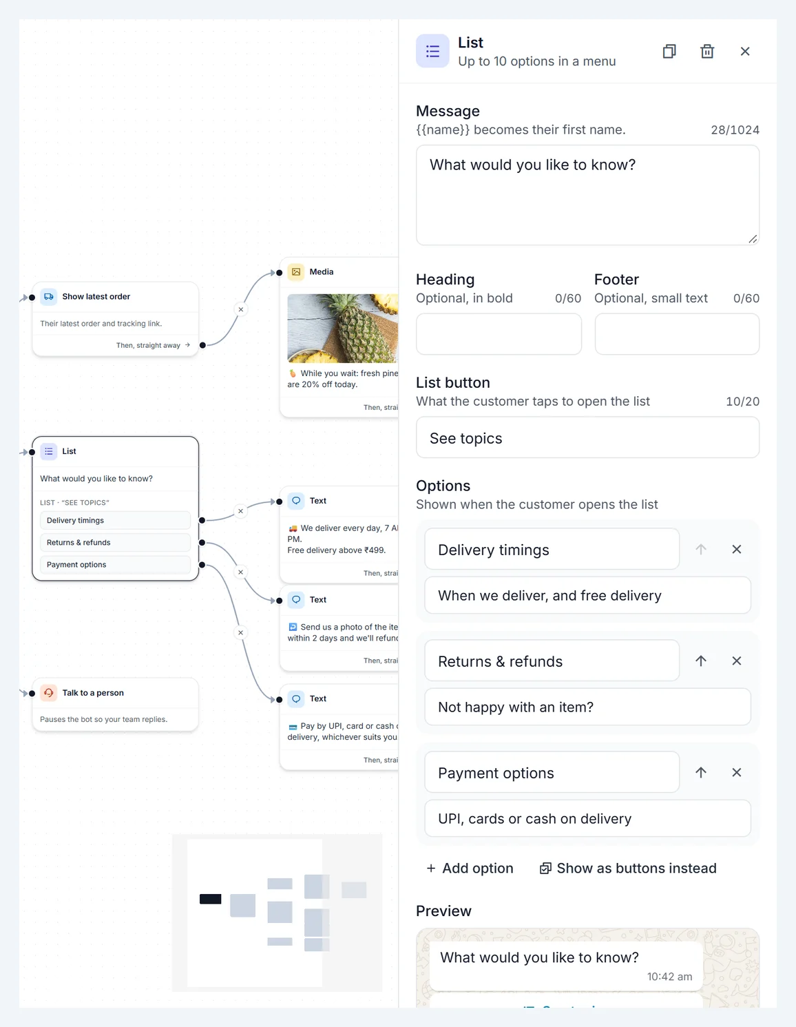 A List step open, with its options and the preview