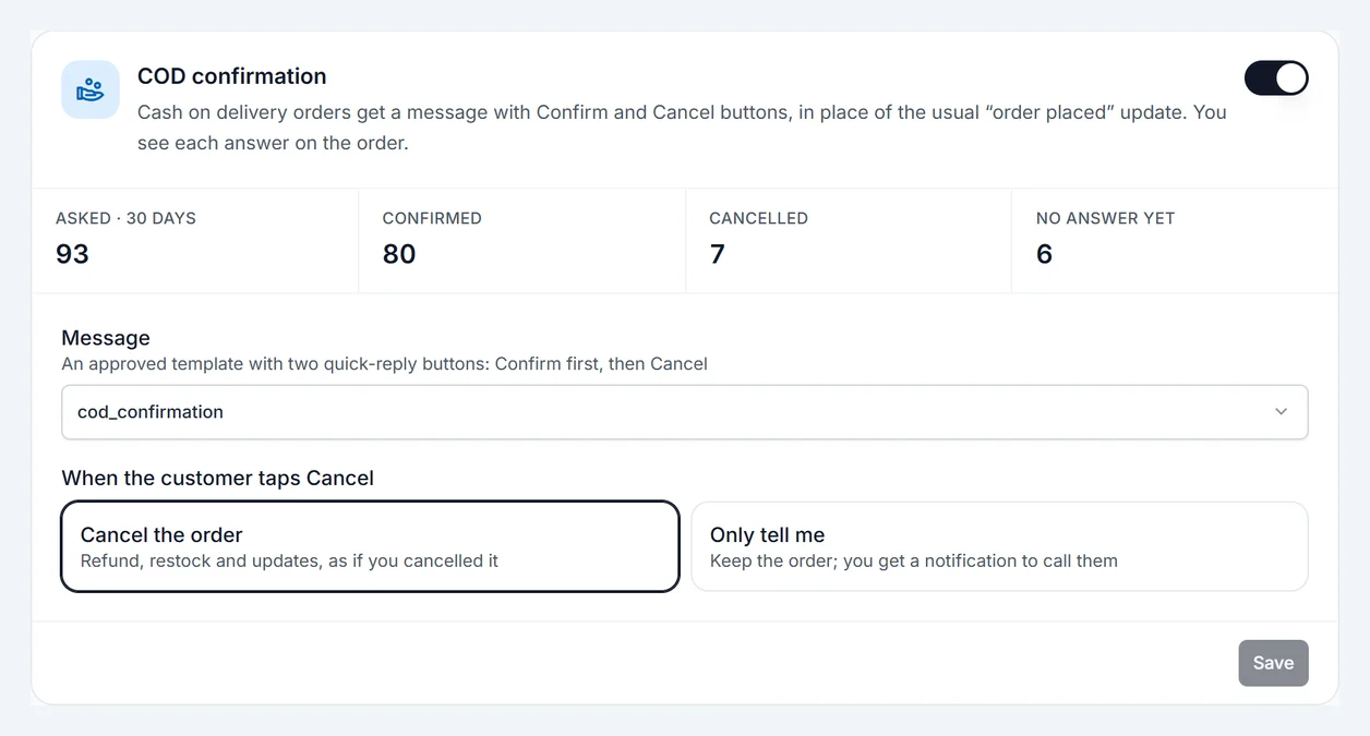 COD confirmation settings with the last 30 days of answers