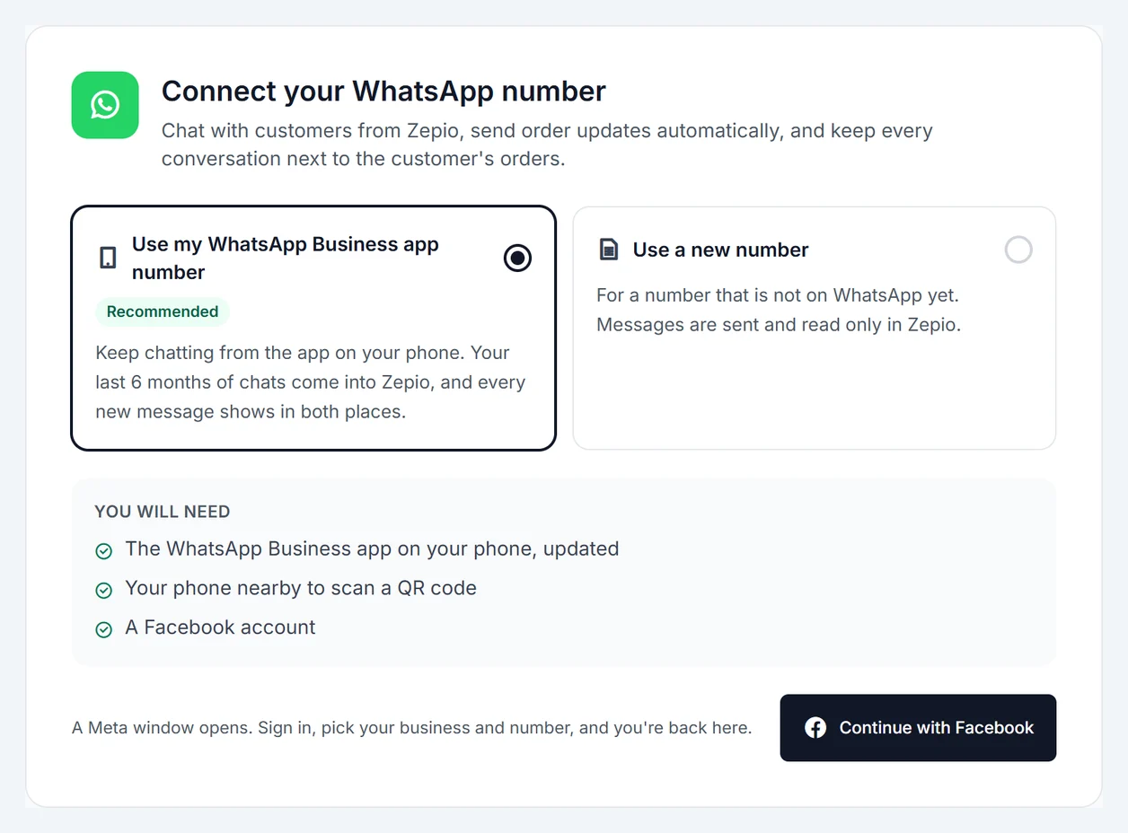 The WhatsApp connect page in Zepio, with the two ways to connect