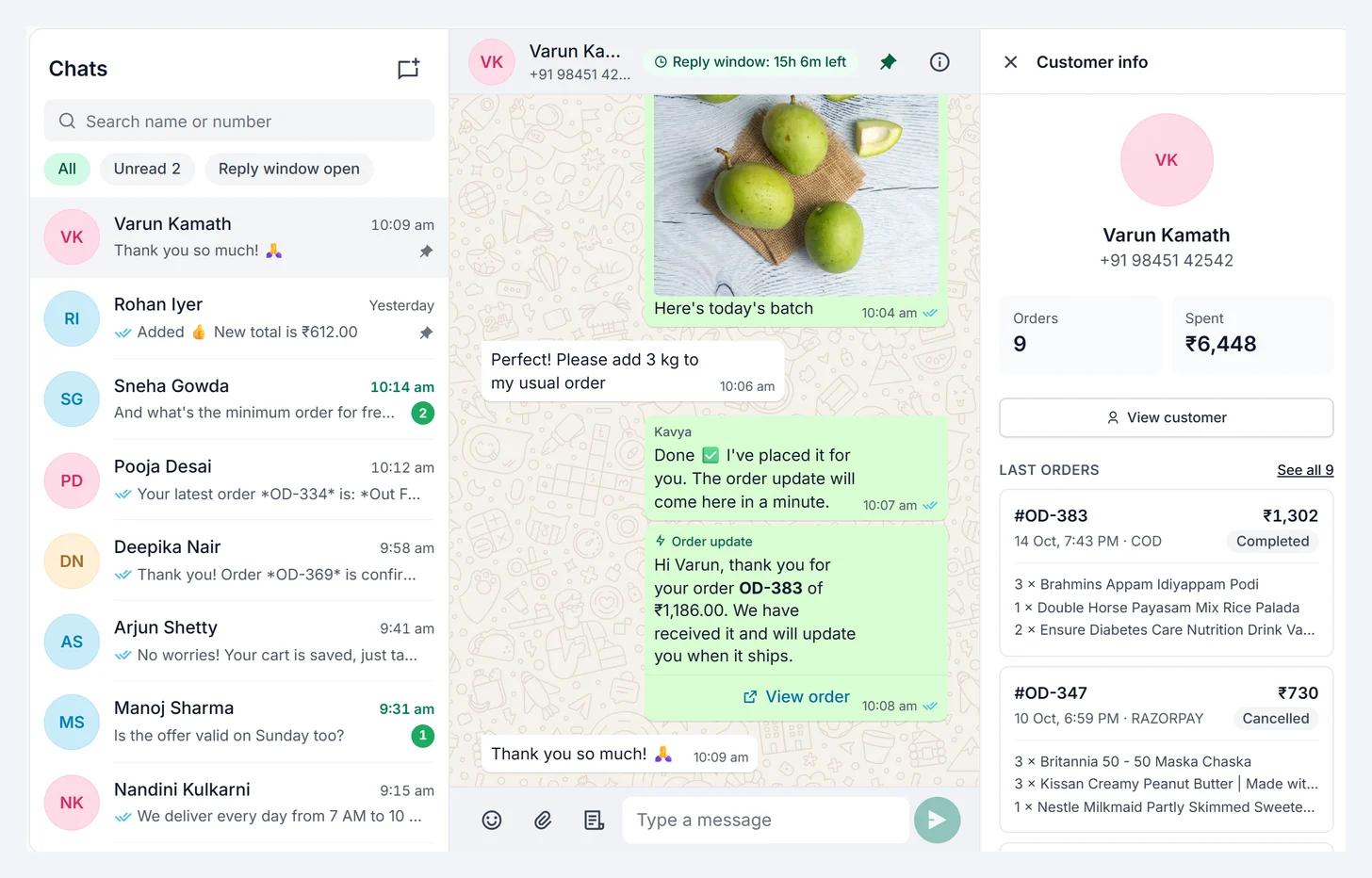The WhatsApp inbox: chats on the left, the conversation, and the customer's orders on the right