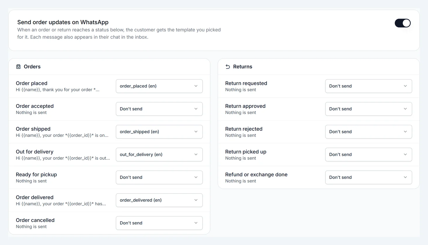 Order updates: a template picked for each order and return status