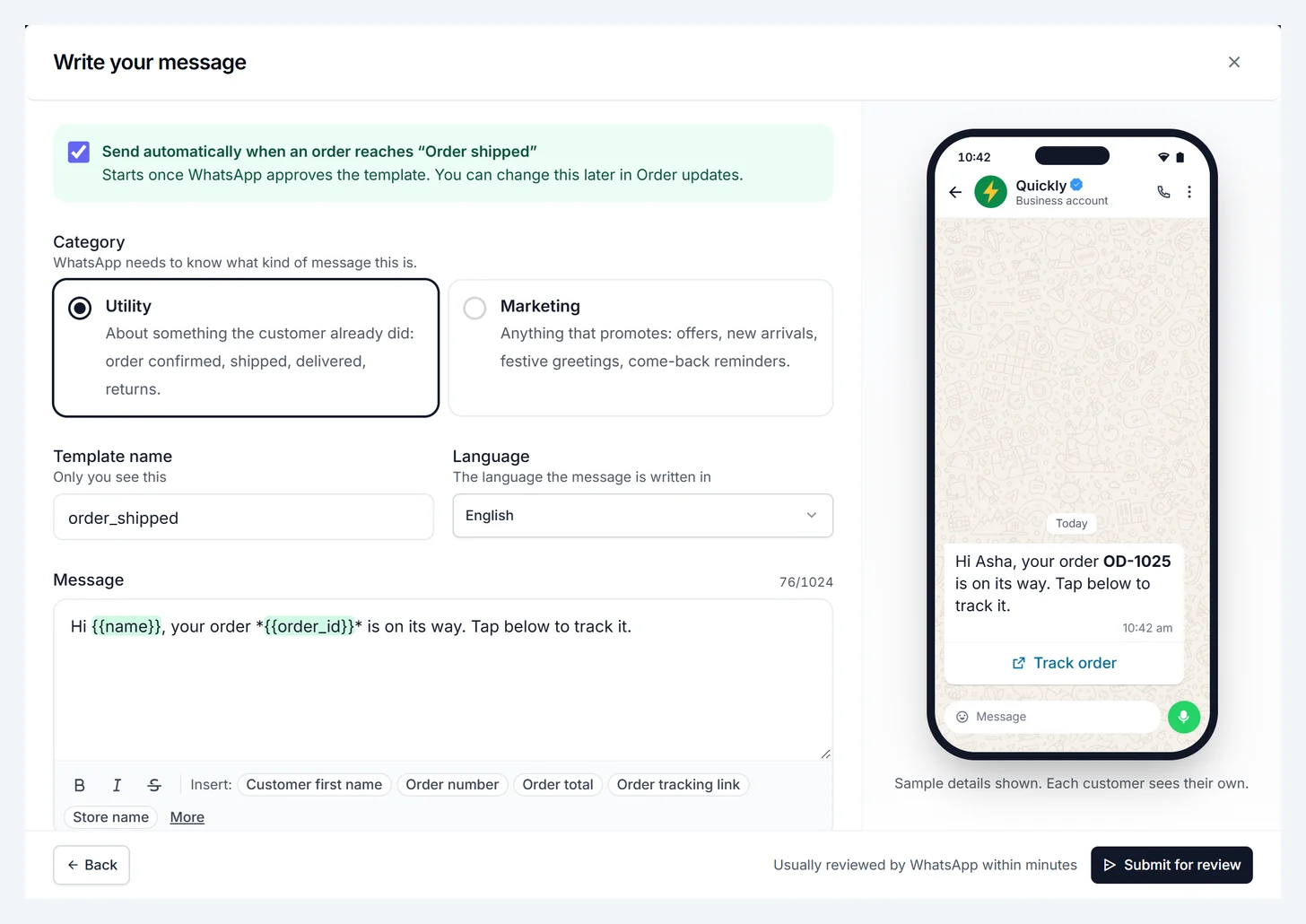 Writing a template, with the phone preview beside it