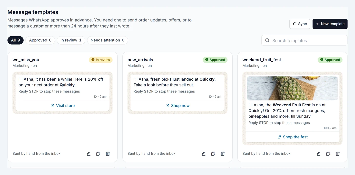 Your message templates, each with its approval status and a preview