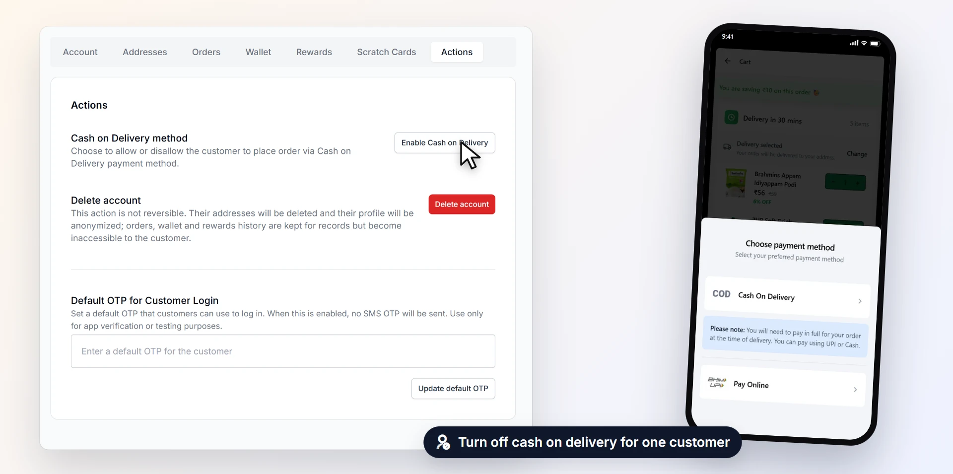 Switch cash off per customer