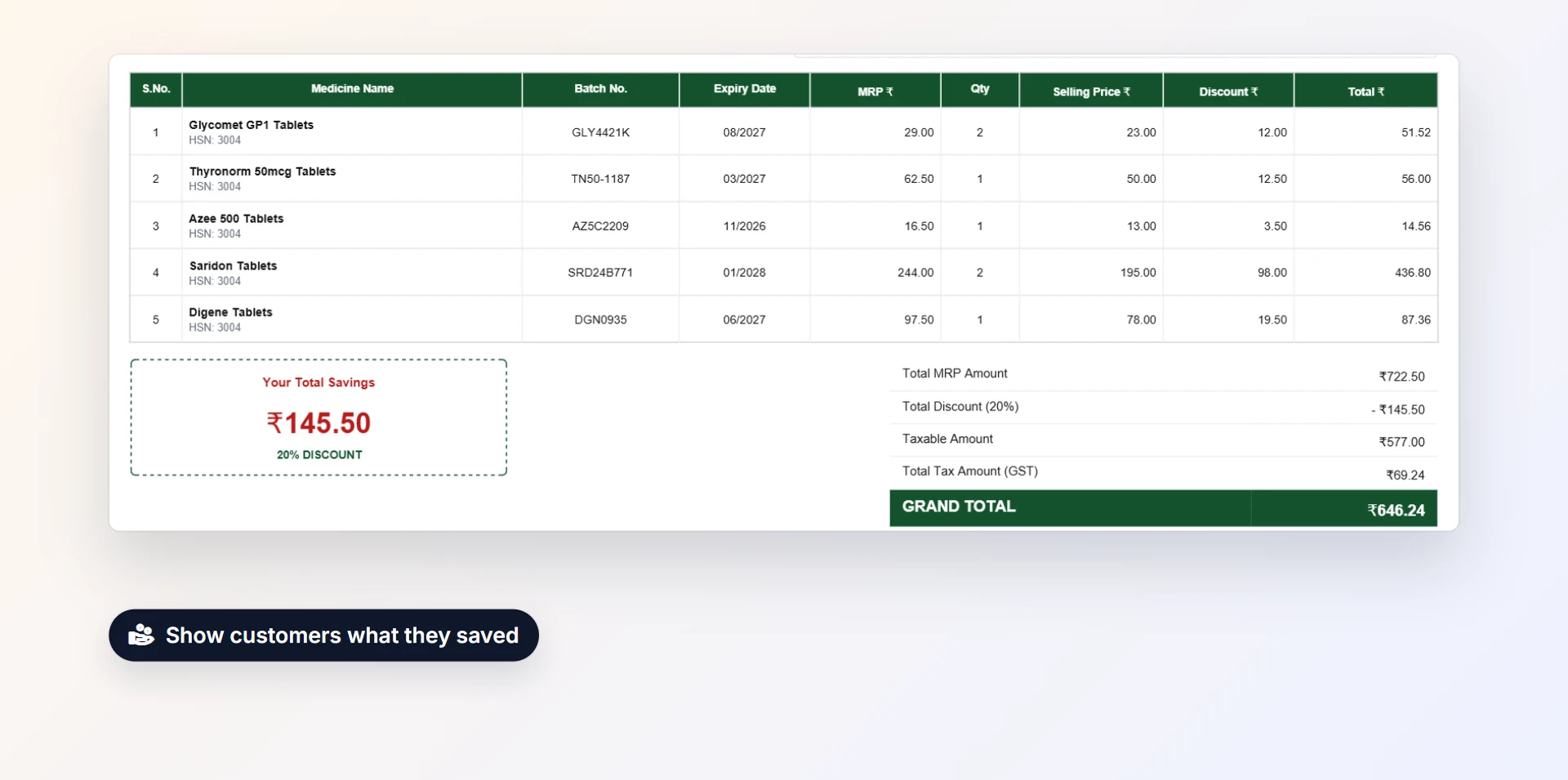 Savings shown on the bill
