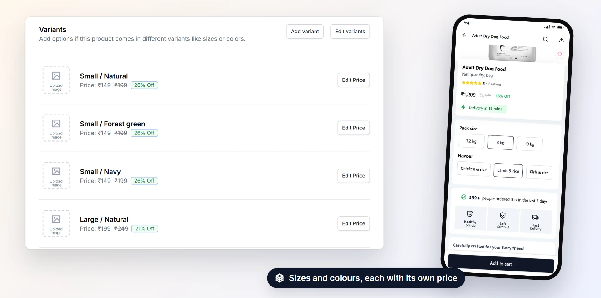 Sizes, colours and more