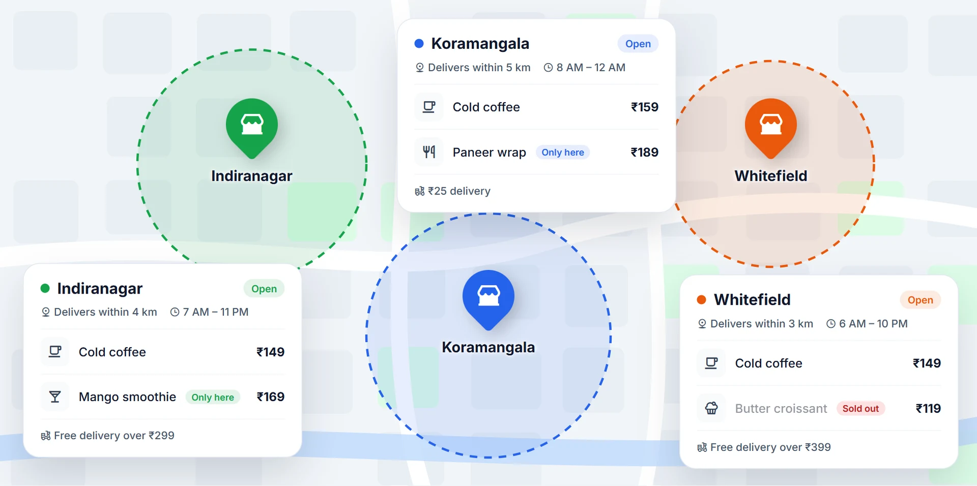 Three outlets on a map, each with its own delivery area, products and prices