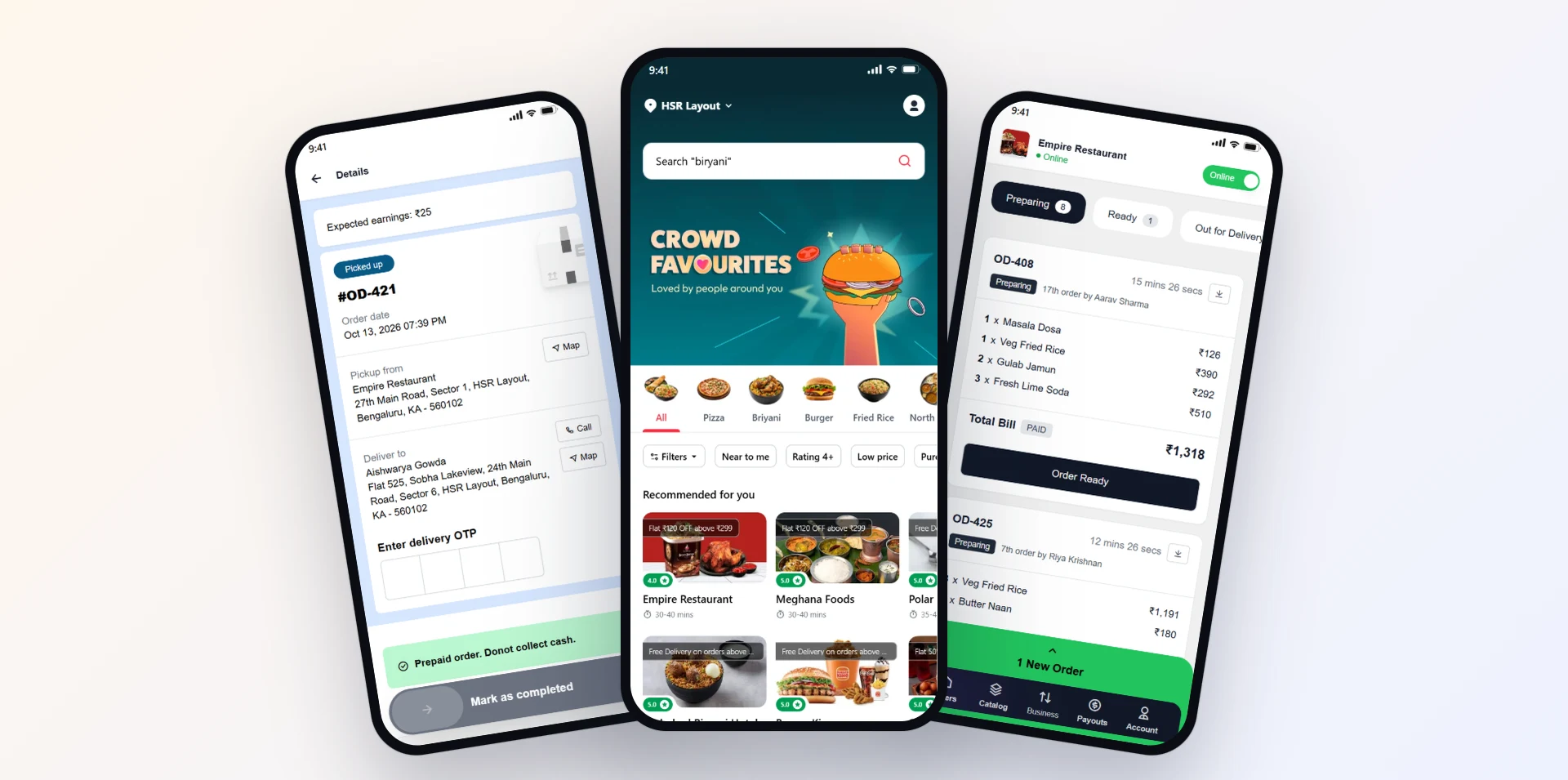 A food marketplace: the delivery partner app, the customer app with several restaurants, and a restaurant's store partner app