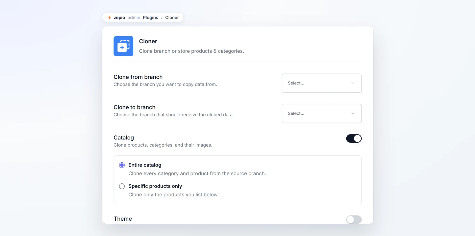 Choosing catalogue or theme to copy