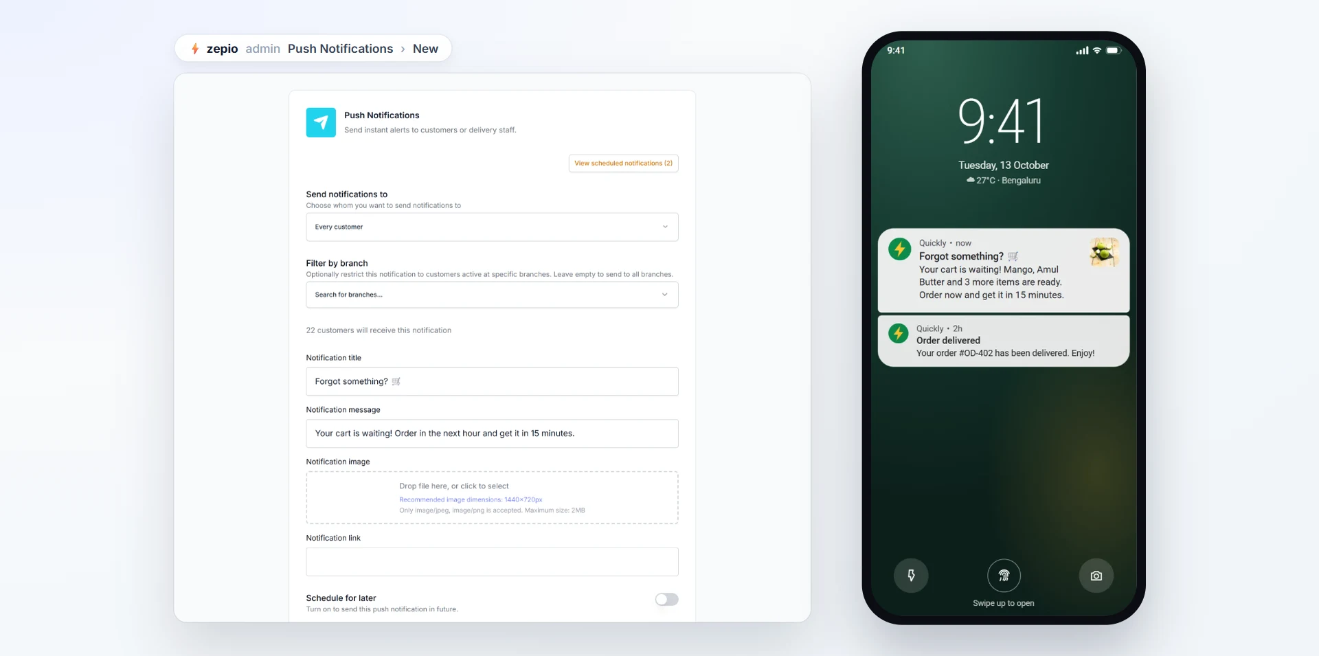 Admin screen for composing a push notification with a title, message, image and audience.