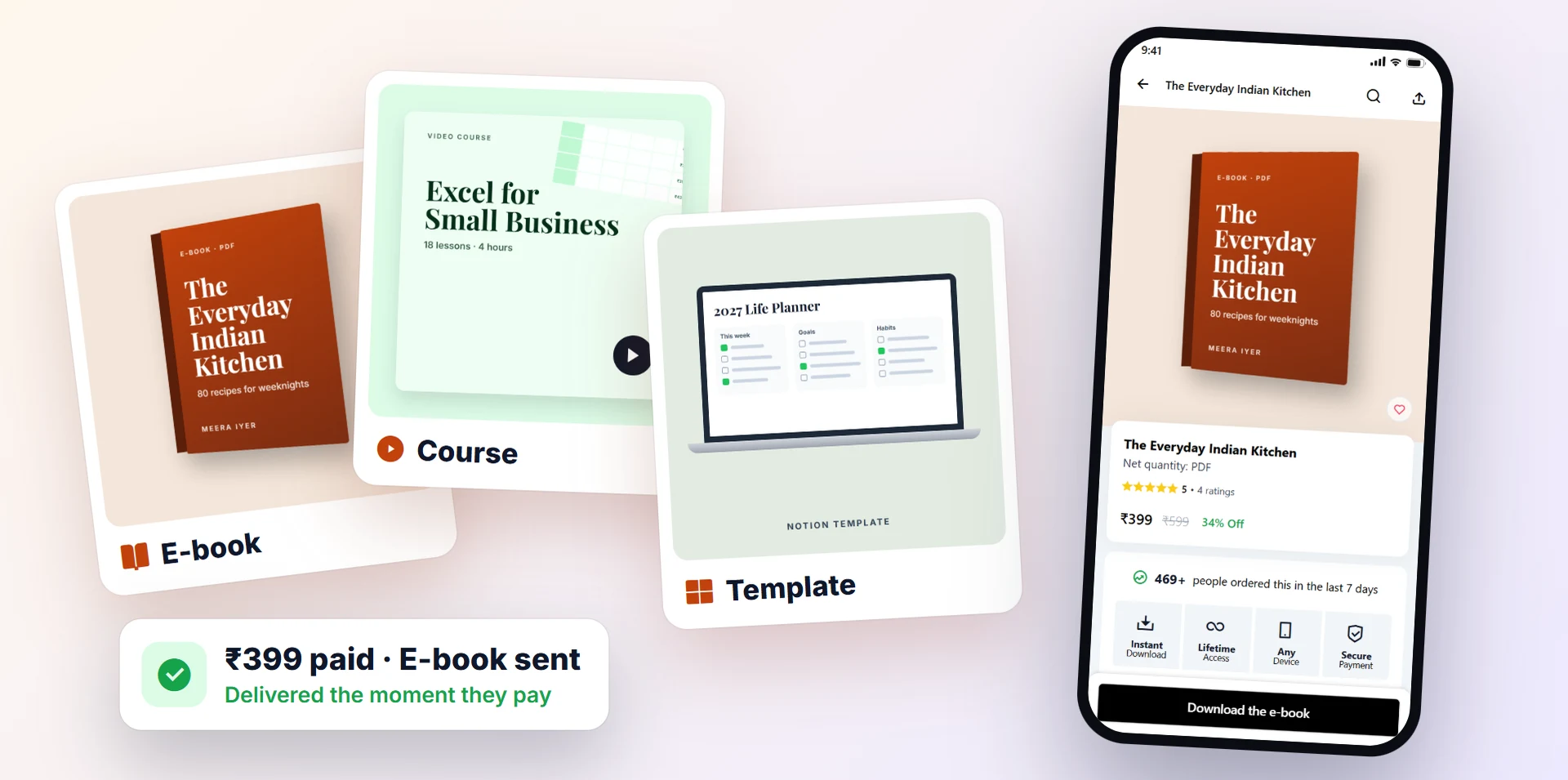An e-book, a course and a template, with the e-book's page in the customer app and a note that it was delivered the moment the customer paid
