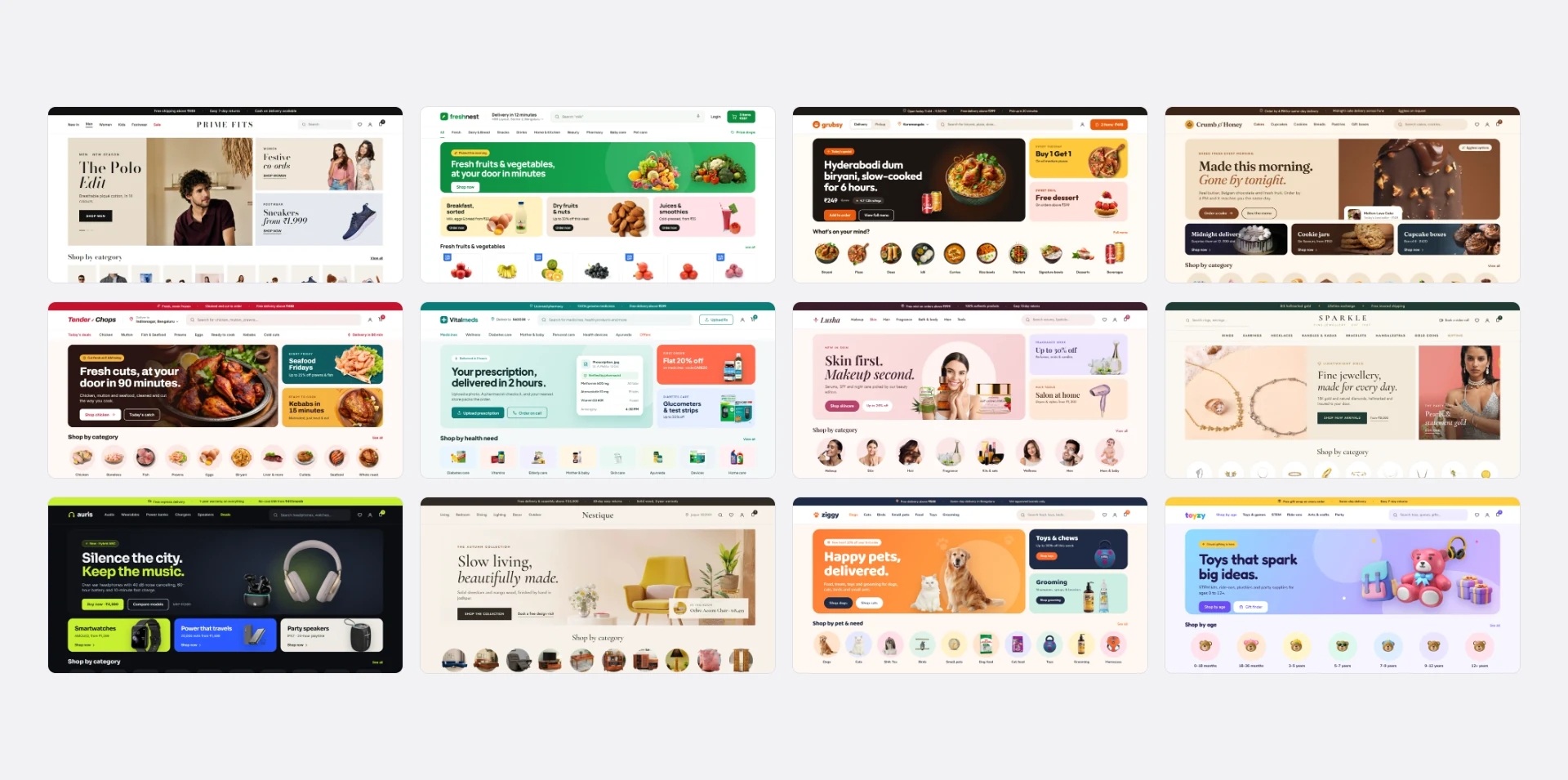 A website design gallery showing ready-made designs for a grocery store, bakery, fashion brand, restaurant and furniture shop.