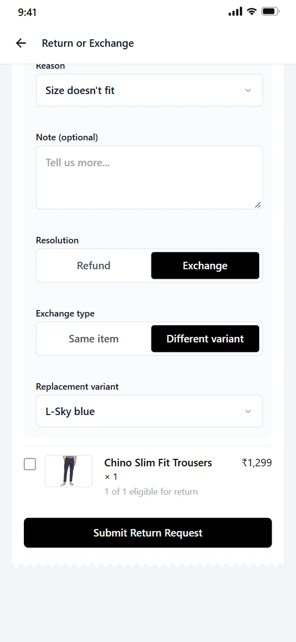 Exchange for another size