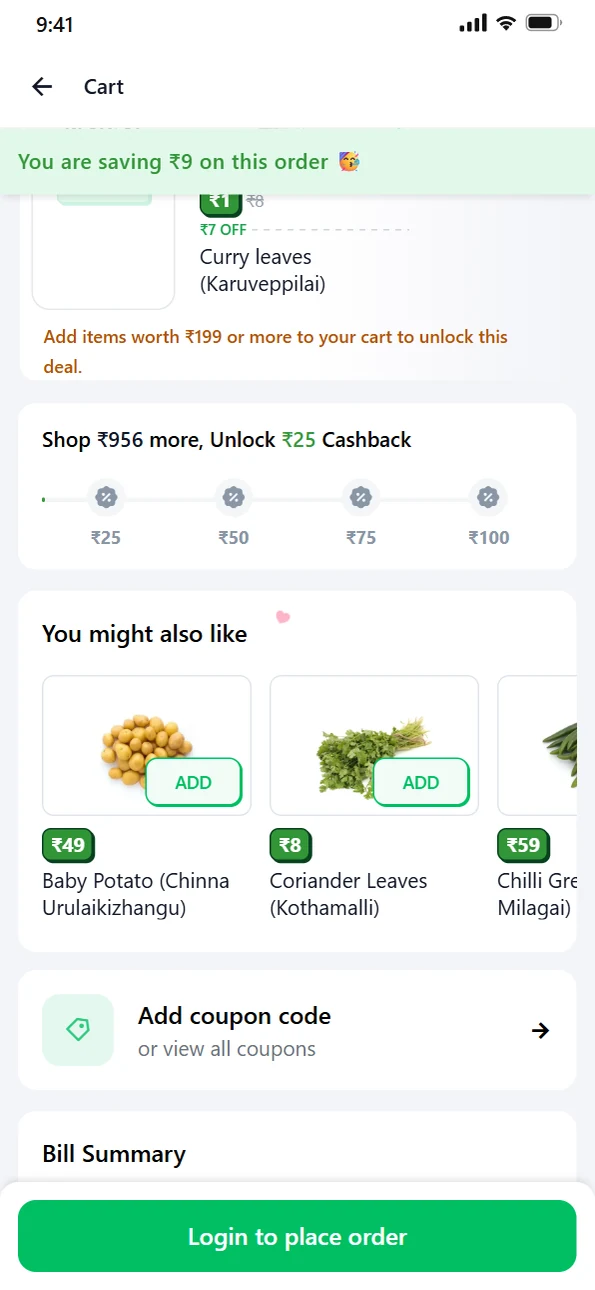 Suggestions in the cart