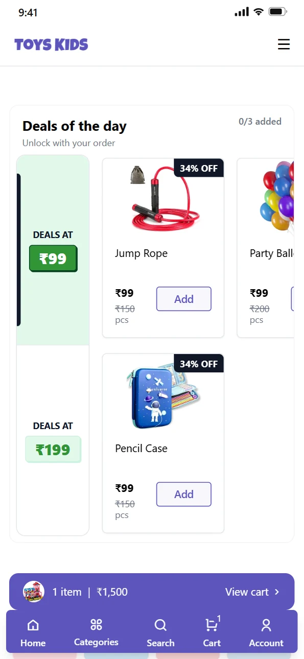 A daily deals section with a deal price
