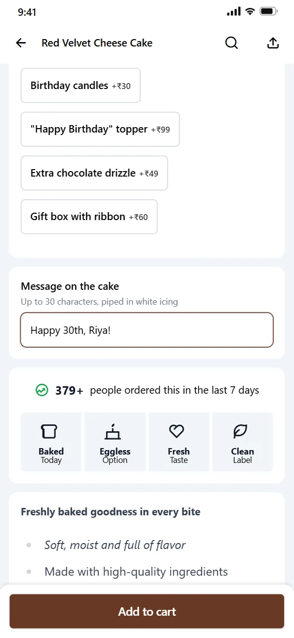 A cake with a "message on the cake" field