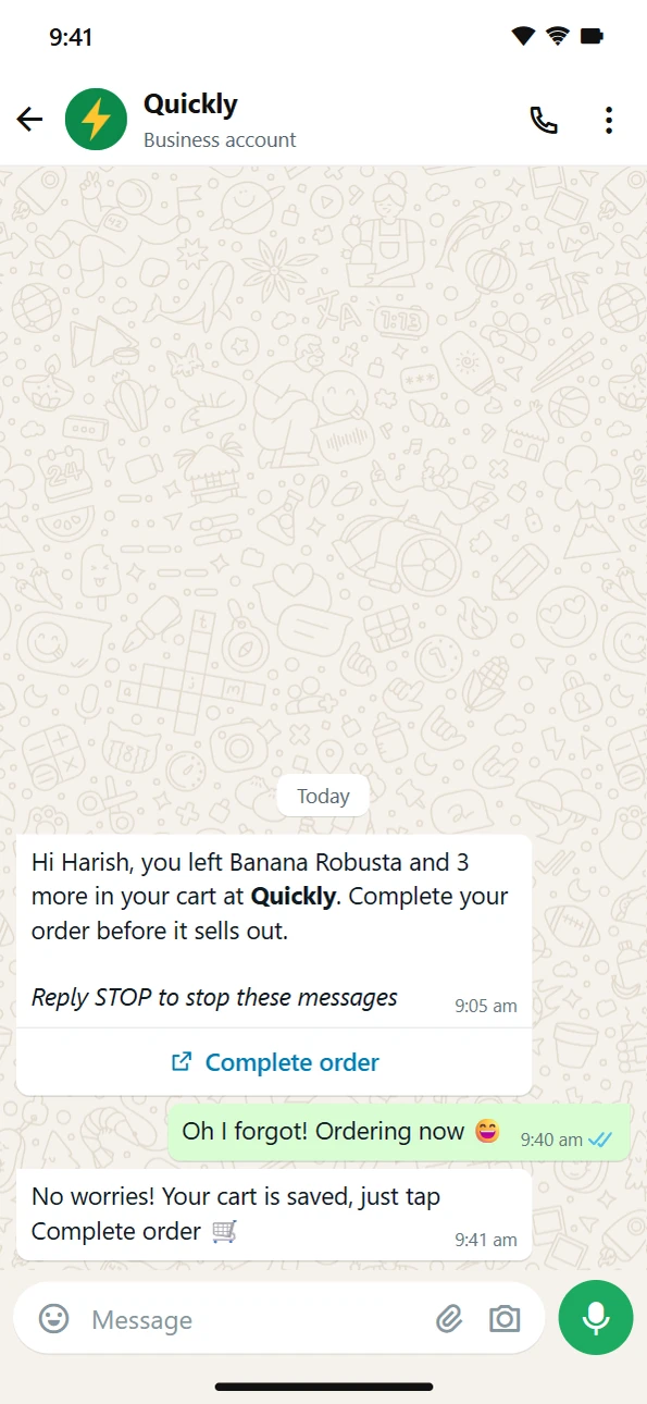 The cart reminder on the customer's WhatsApp