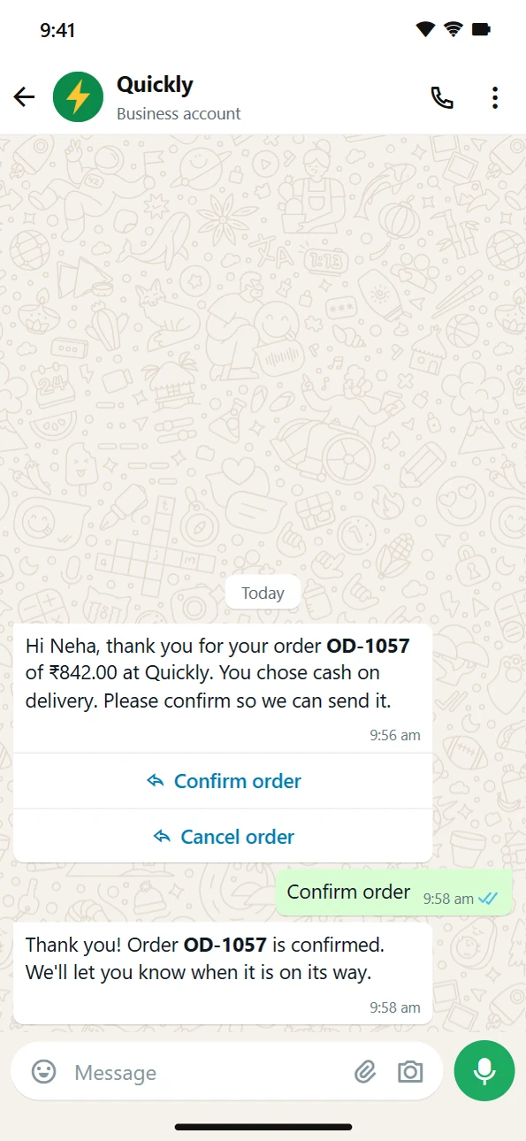 The COD confirmation message with Confirm and Cancel buttons on the customer's WhatsApp